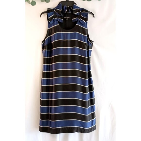 Banana Republic Blue Black Satin Ruffle Neck Sleeveless Dress Size 8 Lined - Picture 3 of 10